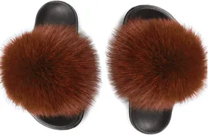 Yu Li Women Real Fox Fur Feather Vegan Leather Open Toe Single Strap Slip On Sandal