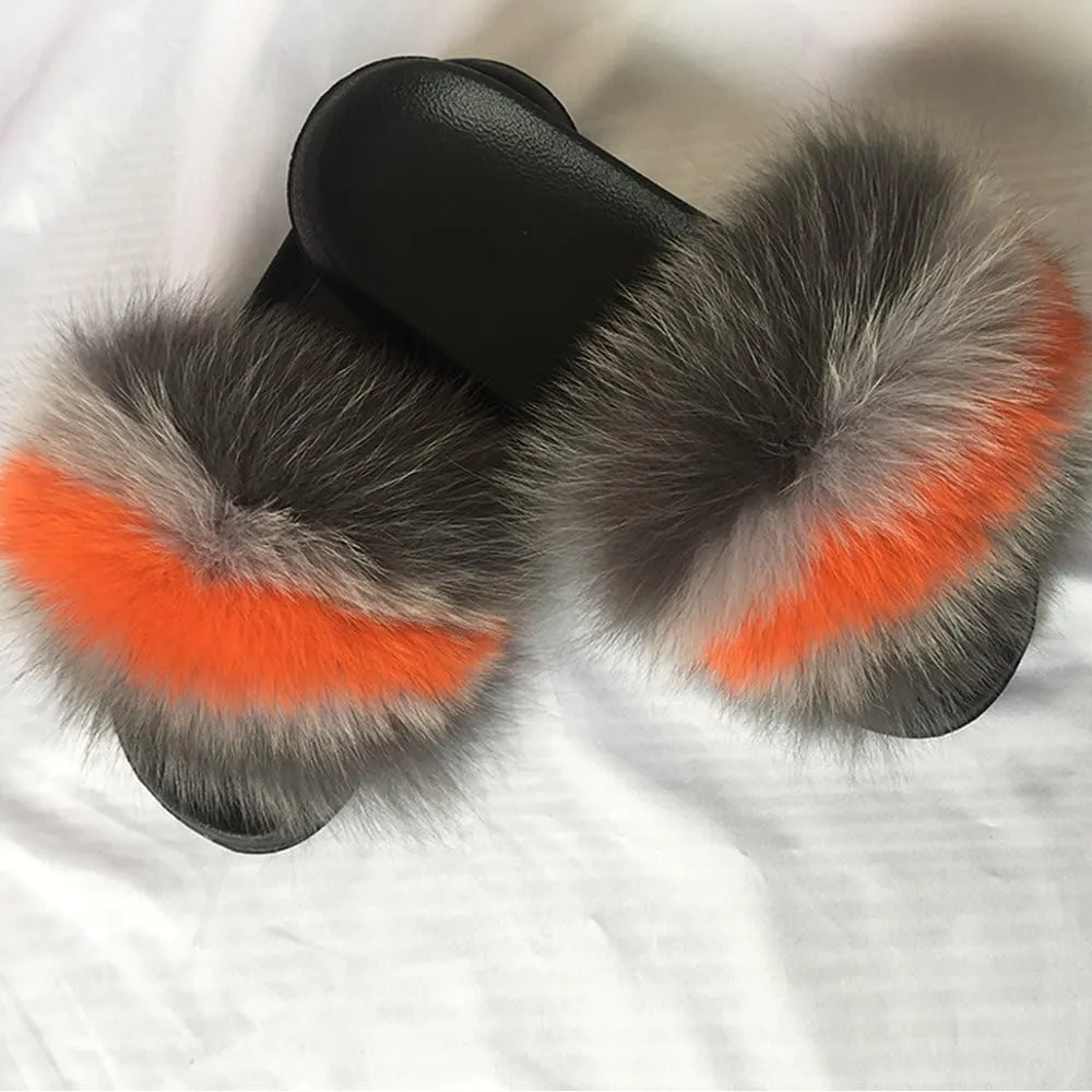 Yu Li Women Real Fox Fur Feather Vegan Leather Open Toe Single Strap Slip On Sandal